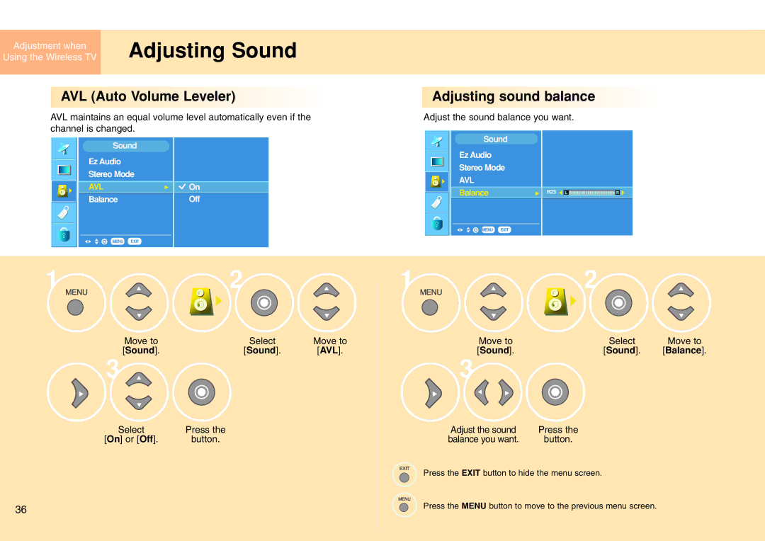 LG Electronics 15LW1RA manual AVL Auto Volume Leveler, Adjusting sound balance, Sound Balance 