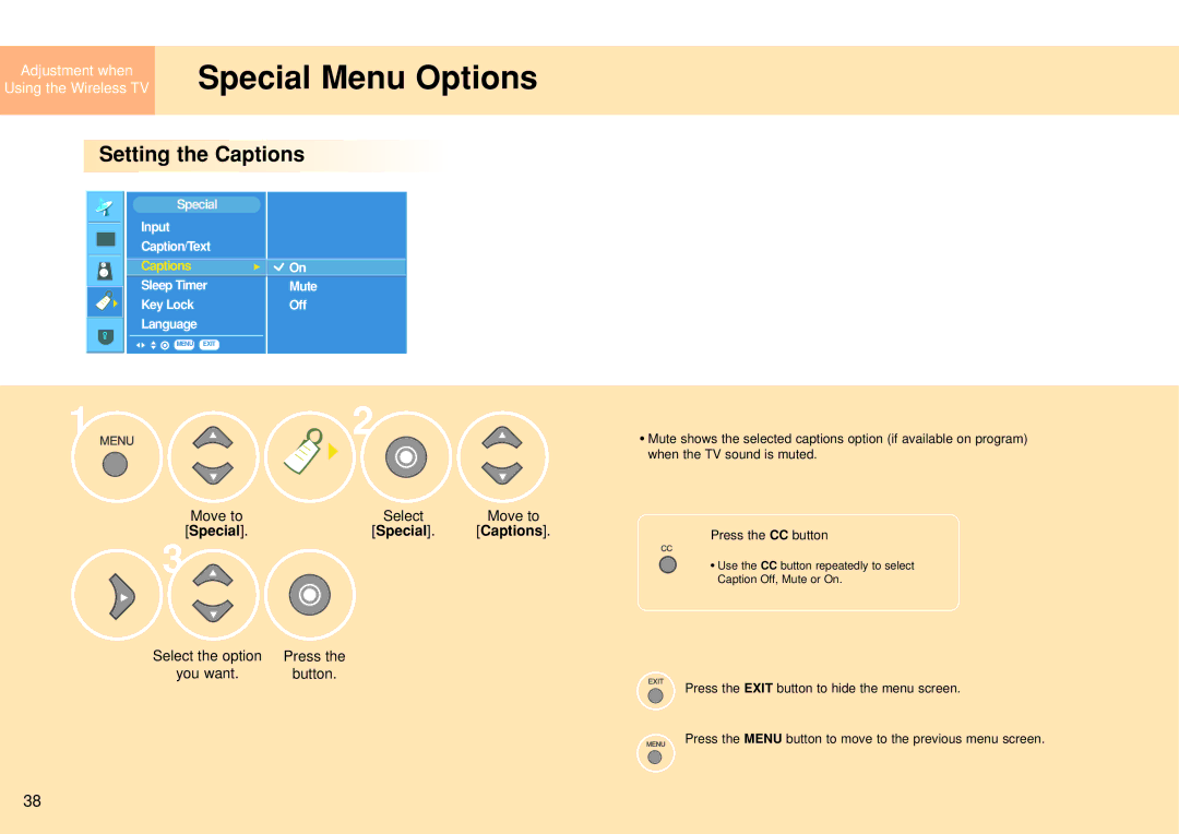 LG Electronics 15LW1RA manual Special Menu Options, Setting the Captions, Special Captions, Select the option 