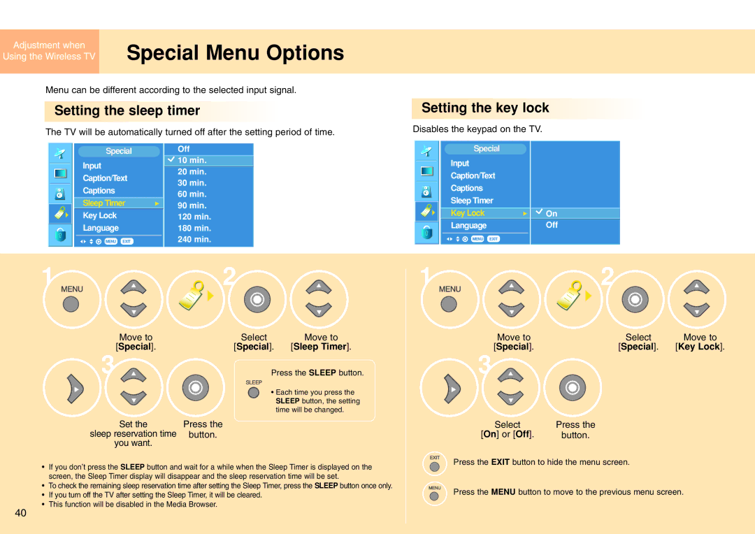 LG Electronics 15LW1RA manual Setting the sleep timer, Setting the key lock, Special Sleep Timer, Special Key Lock 