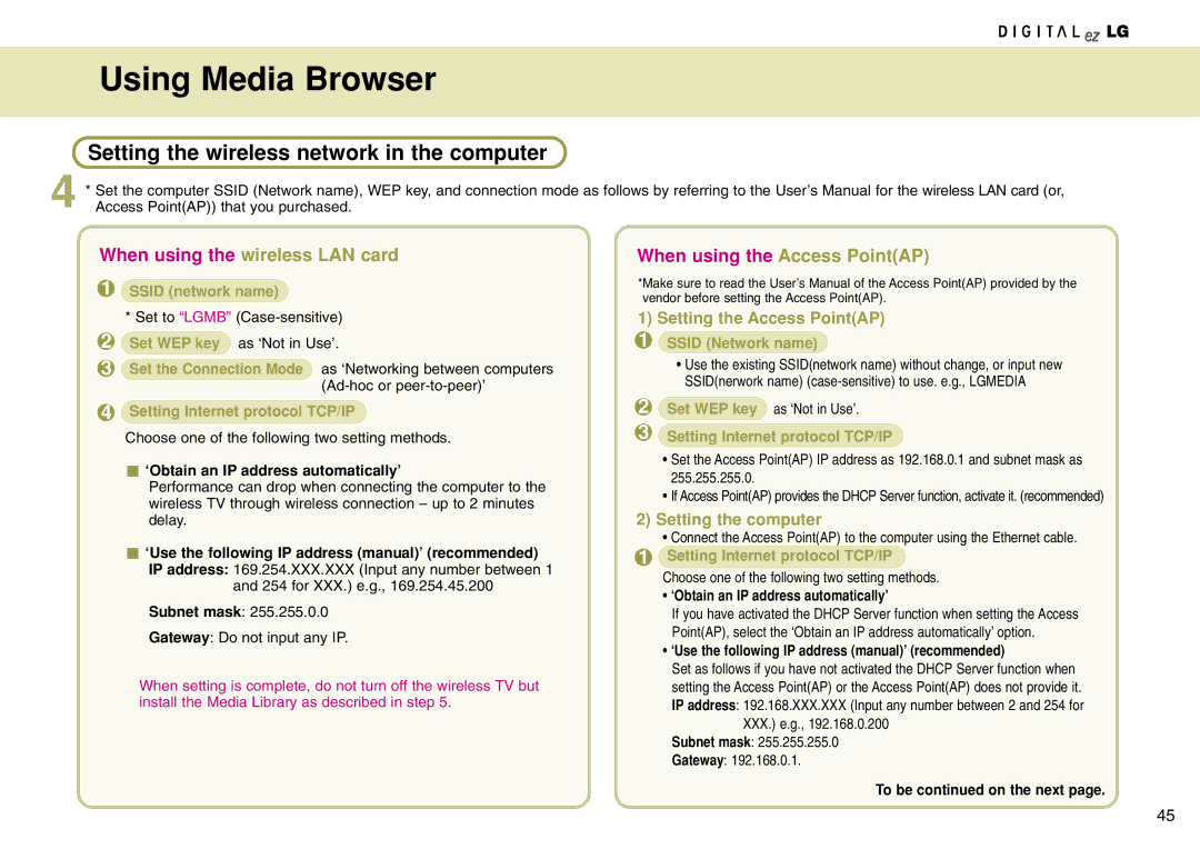 LG Electronics 15LW1RA manual Using Media Browser, Setting the wireless network in the computer, To be on the next 