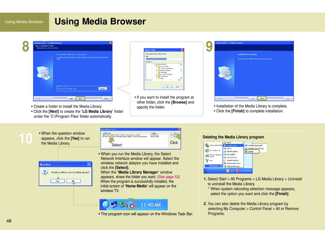 LG Electronics 15LW1R manual Create a folder to install the Media Library, Select Click, Deleting the Media Library program 