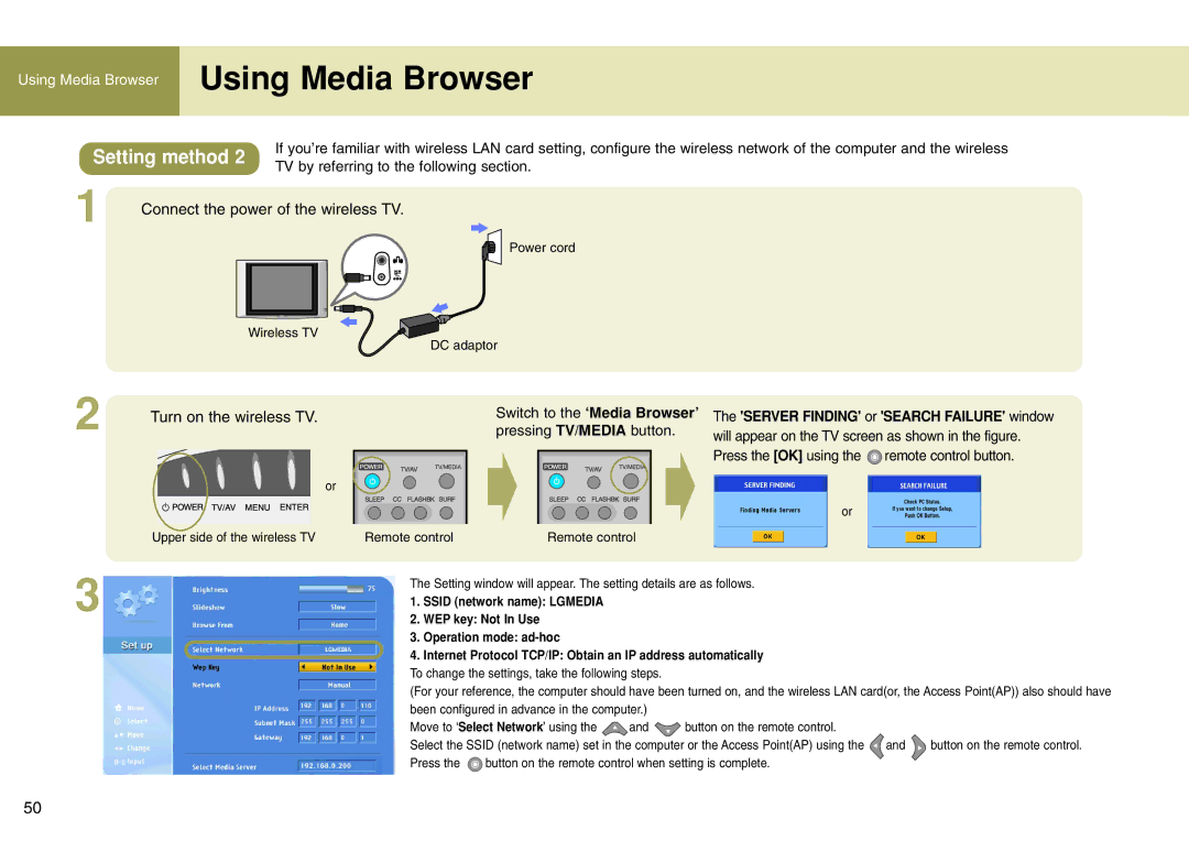 LG Electronics 15LW1R TV by referring to the following section, Switch to the ‘Media Browser’, Pressing TV/MEDIA button 