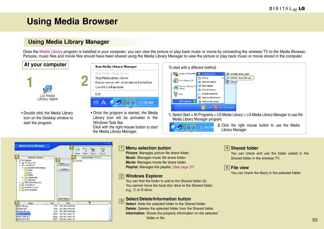 LG Electronics 15LW1RA manual Using Media Library Manager 