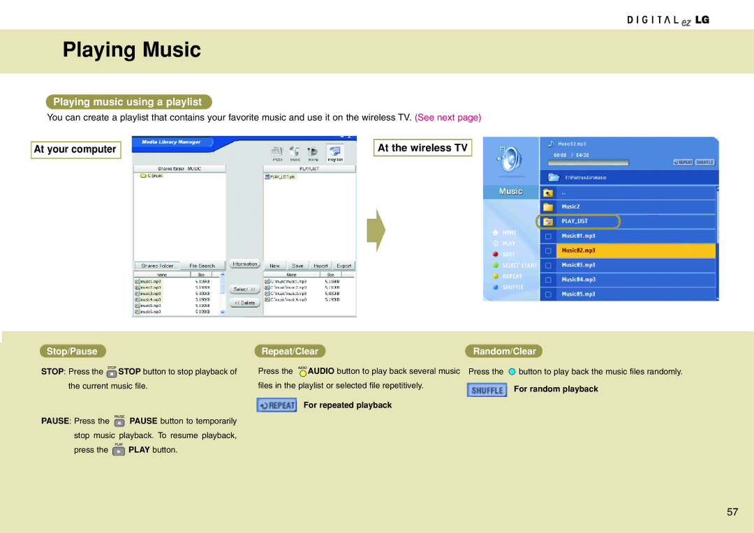 LG Electronics 15LW1RA Playing Music, At your computer At the wireless TV, For random playback, For repeated playback 