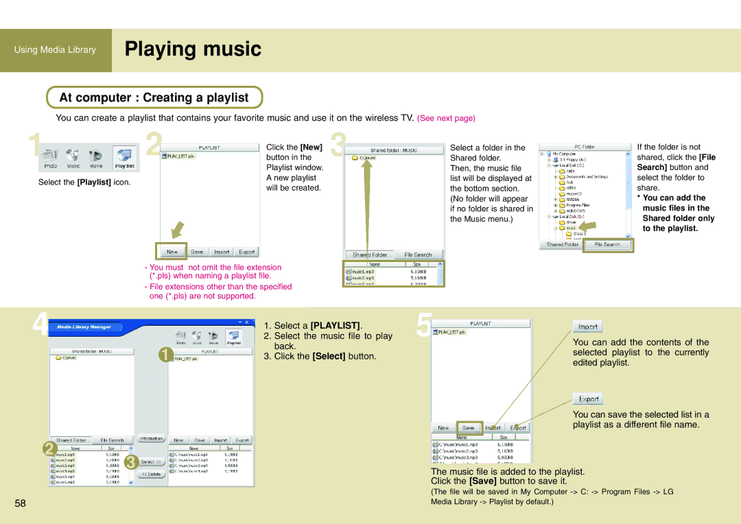 LG Electronics 15LW1R manual Playing music, Select a Playlist, Select the music file to play, Back, Click the Select button 