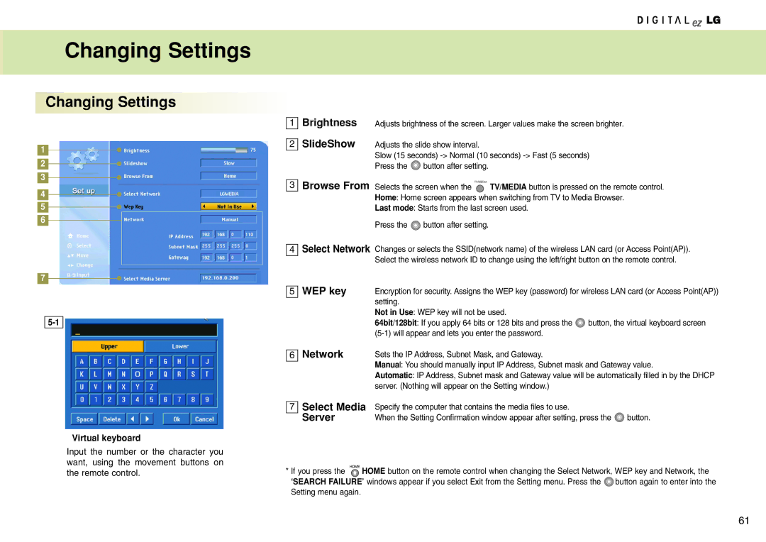 LG Electronics 15LW1RA manual Changing Settings 