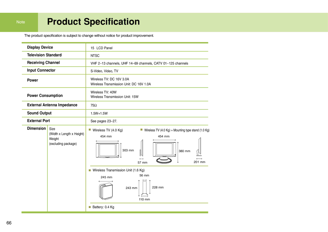 LG Electronics 15LW1RA manual Product Specification 