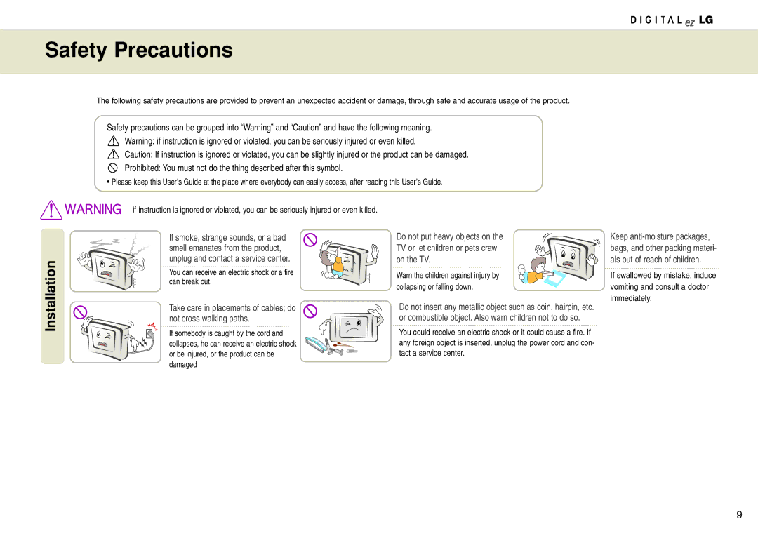 LG Electronics 15LW1RA manual Safety Precautions, Installation 