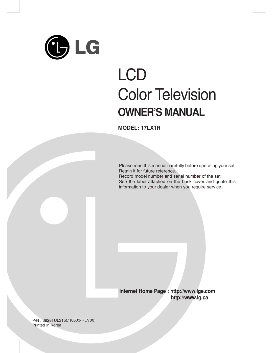 LG Electronics 17LX1R owner manual Lcd 