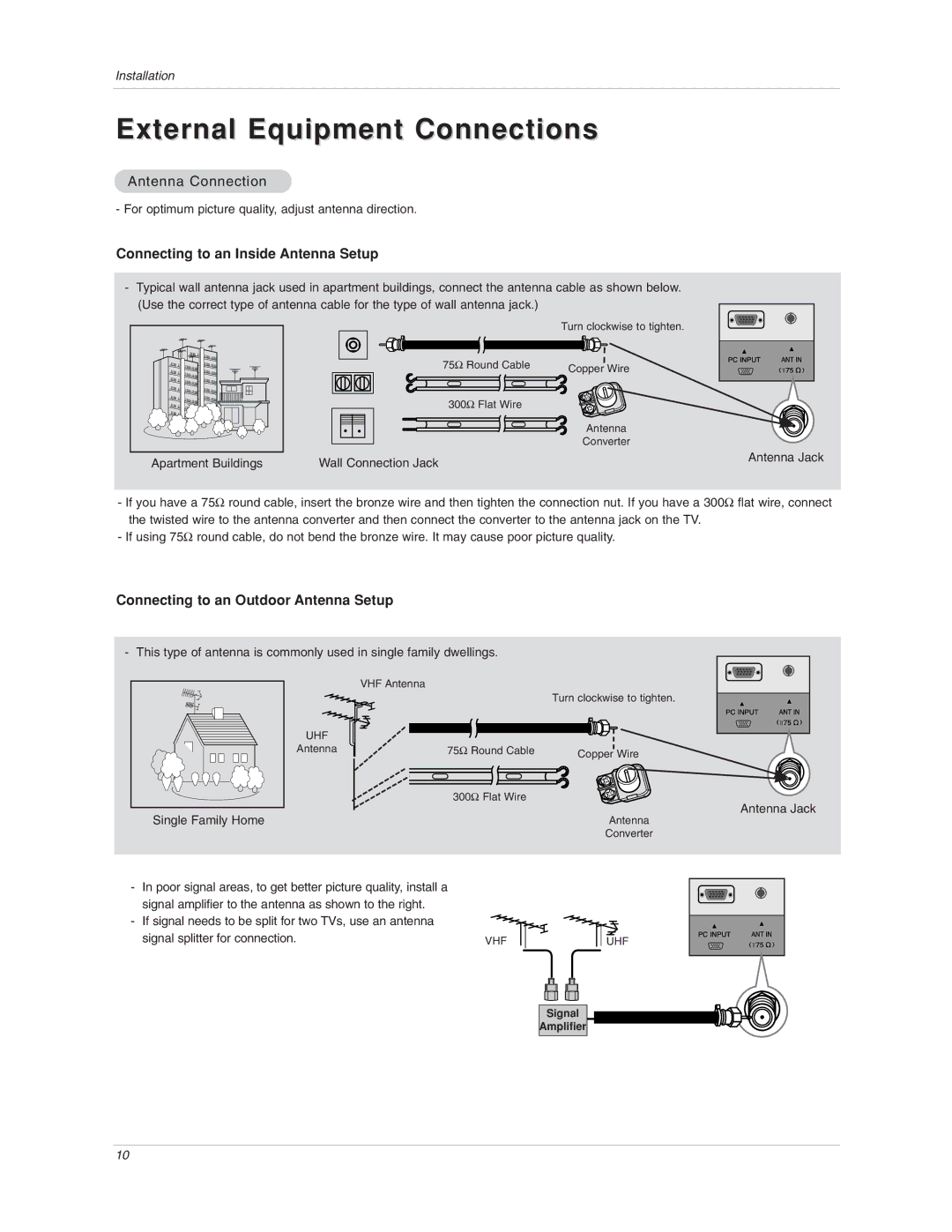 LG Electronics 17LX1R owner manual External Equipment Connections, Antenna Connection 