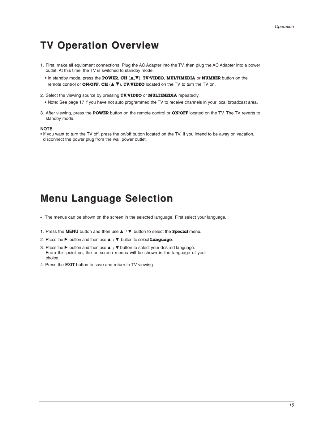 LG Electronics 17LX1R owner manual TV Operation Overview, Menu Language Selection 