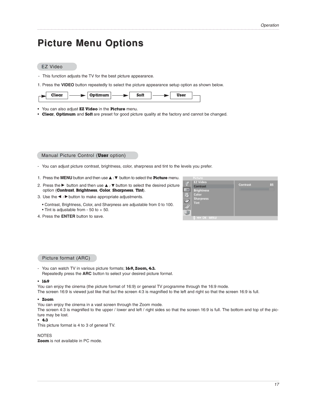 LG Electronics 17LX1R owner manual Picture Menu Options, EZ Video, Manual Picture Control User option, Picture format ARC 