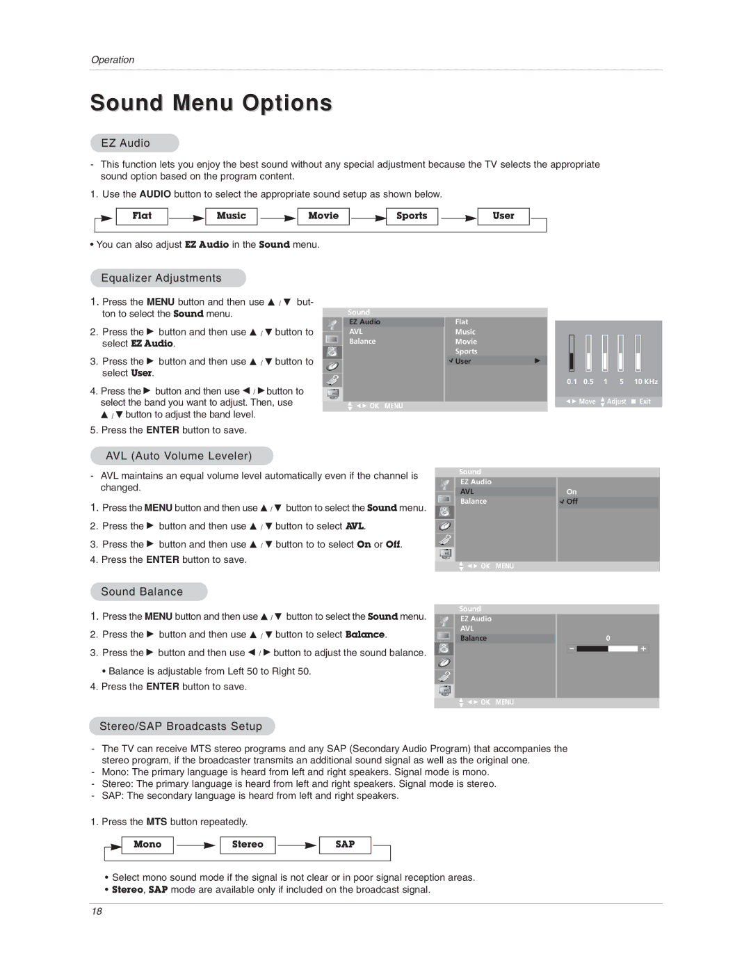 LG Electronics 17LX1R owner manual Sound Menu Options 