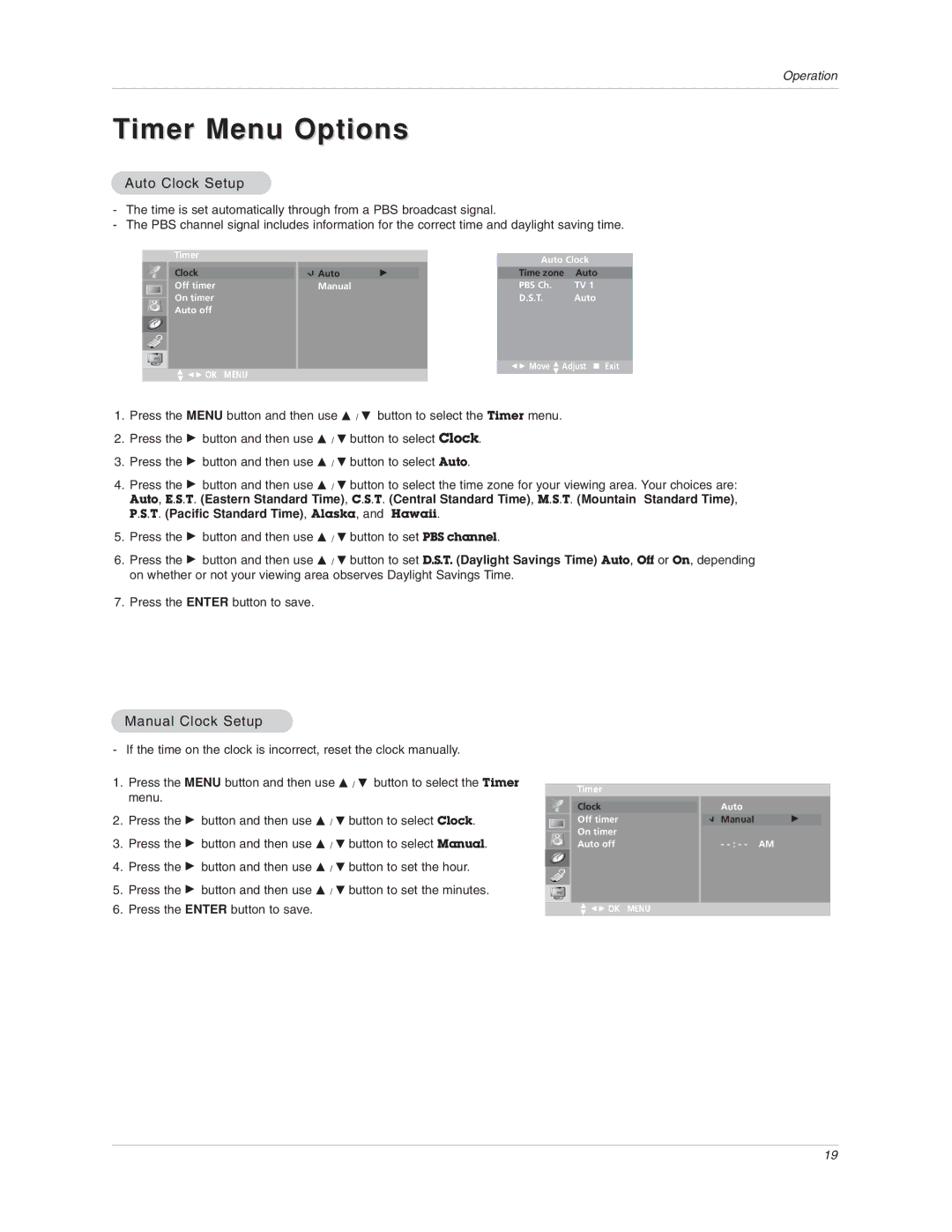 LG Electronics 17LX1R owner manual Timer Menu Options, Auto Clock Setup, Manual Clock Setup 