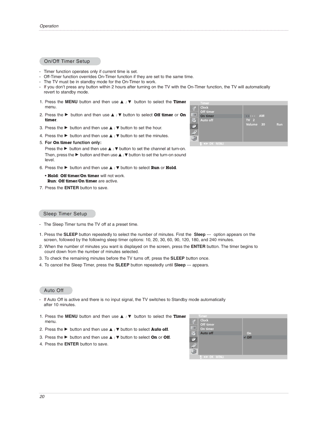 LG Electronics 17LX1R owner manual On/Off Timer Setup, Sleep Timer Setup, Auto Off, For On timer function only 