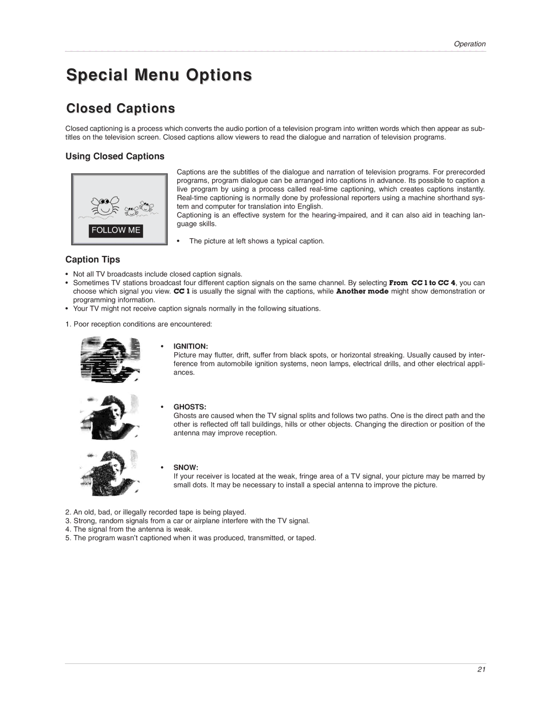 LG Electronics 17LX1R owner manual Special Menu Options, Using Closed Captions, Caption Tips 