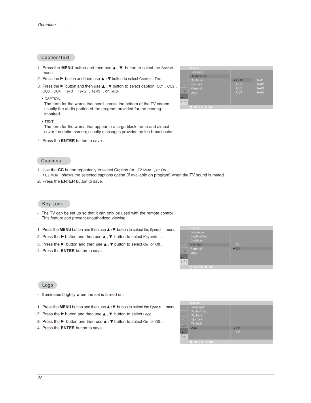 LG Electronics 17LX1R owner manual Caption/Text, Captions, Key Lock, Logo 