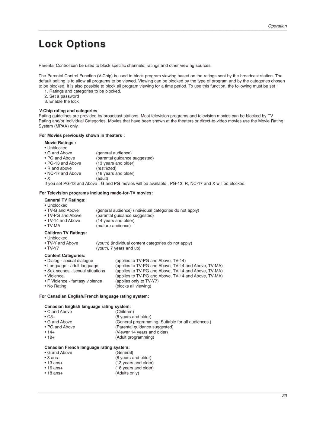 LG Electronics 17LX1R owner manual Lock Options 