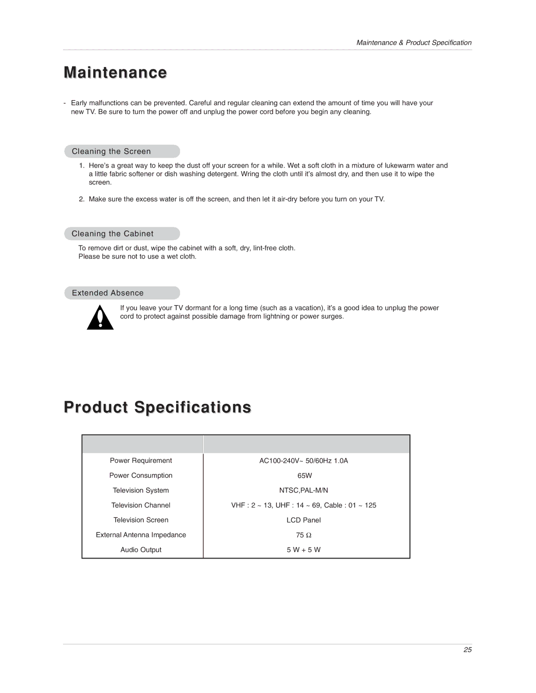 LG Electronics 17LX1R Maintenance, Product Specifications, Cleaning the Screen, Cleaning the Cabinet, Extended Absence 