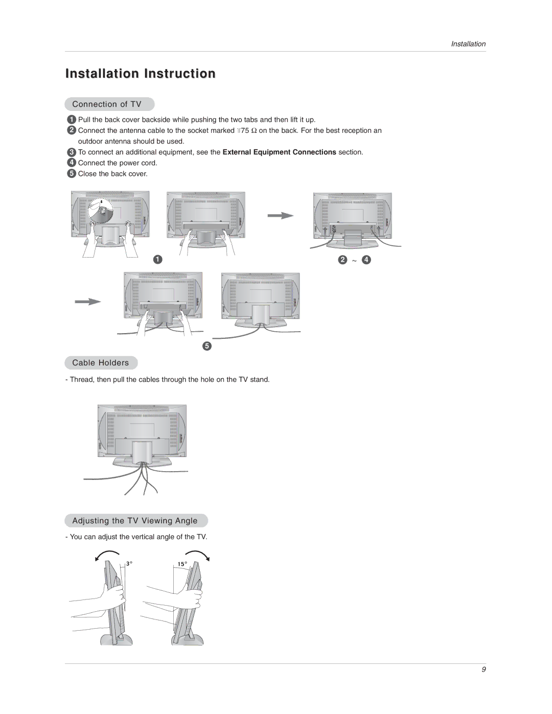 LG Electronics 17LX1R owner manual Connection of TV, Cable Holders, Adjusting the TV Viewing Angle 