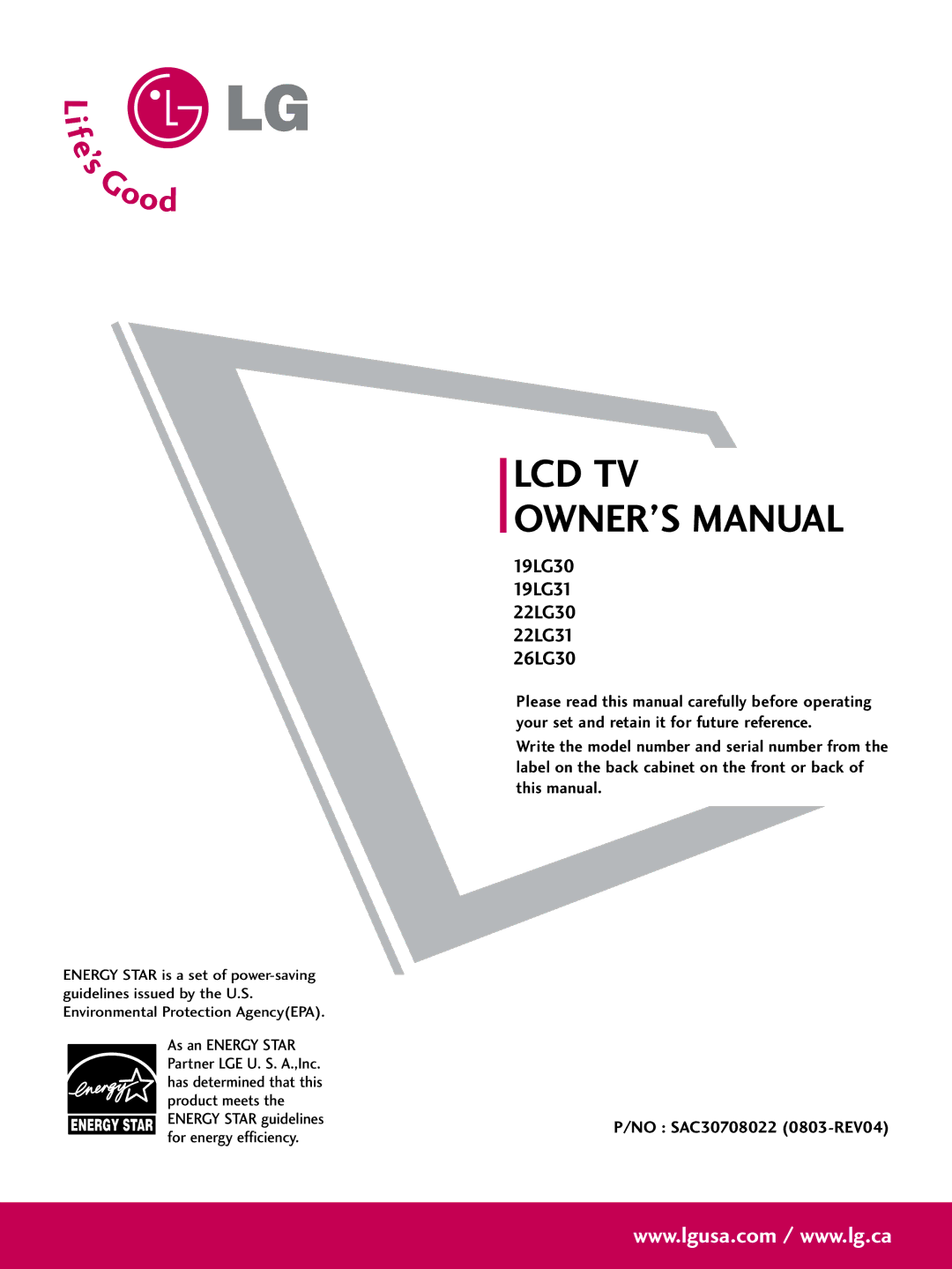 LG Electronics 1930 owner manual Lcd Tv 