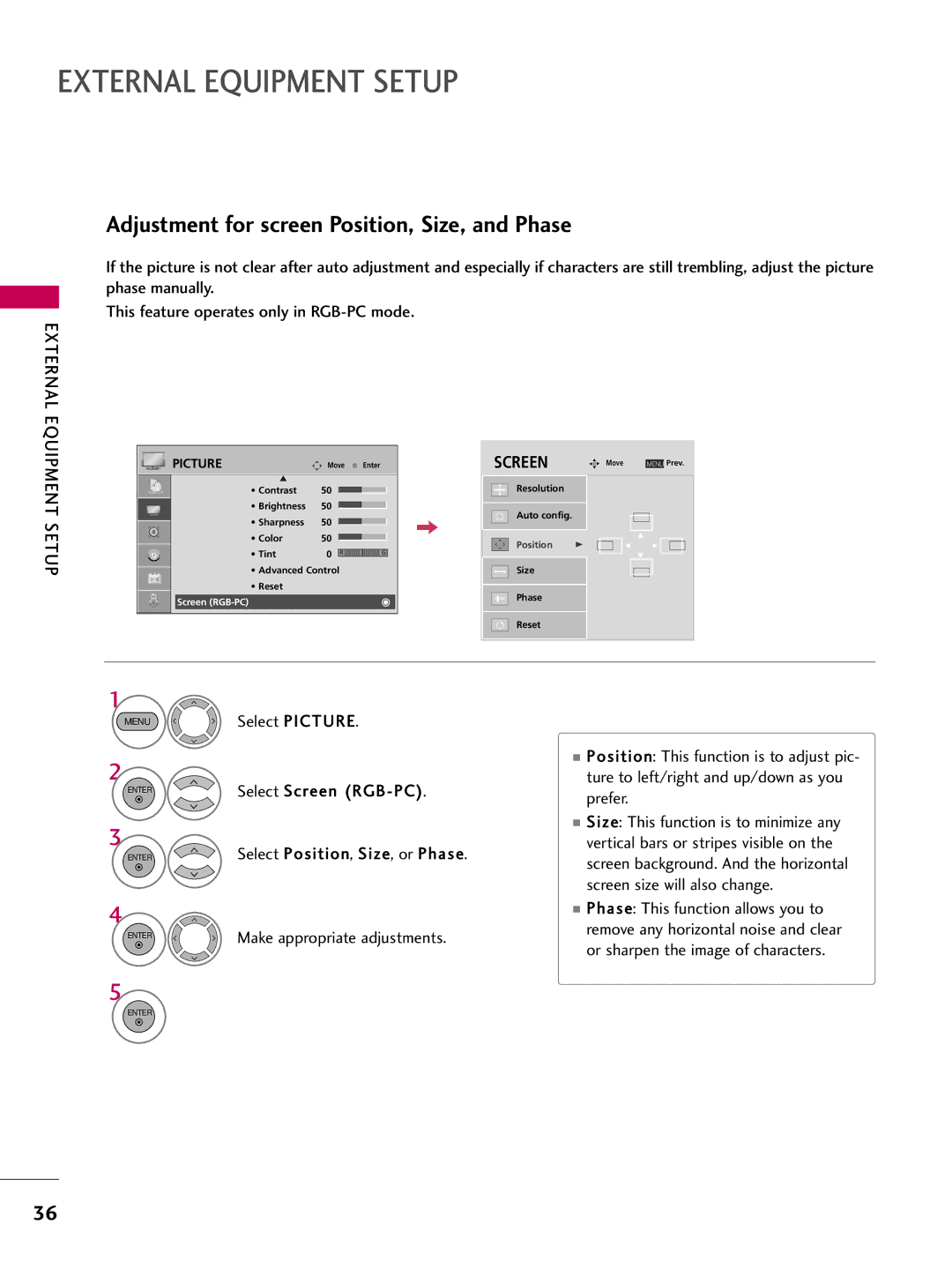 LG Electronics 1930 owner manual Adjustment for screen Position, Size, and Phase 