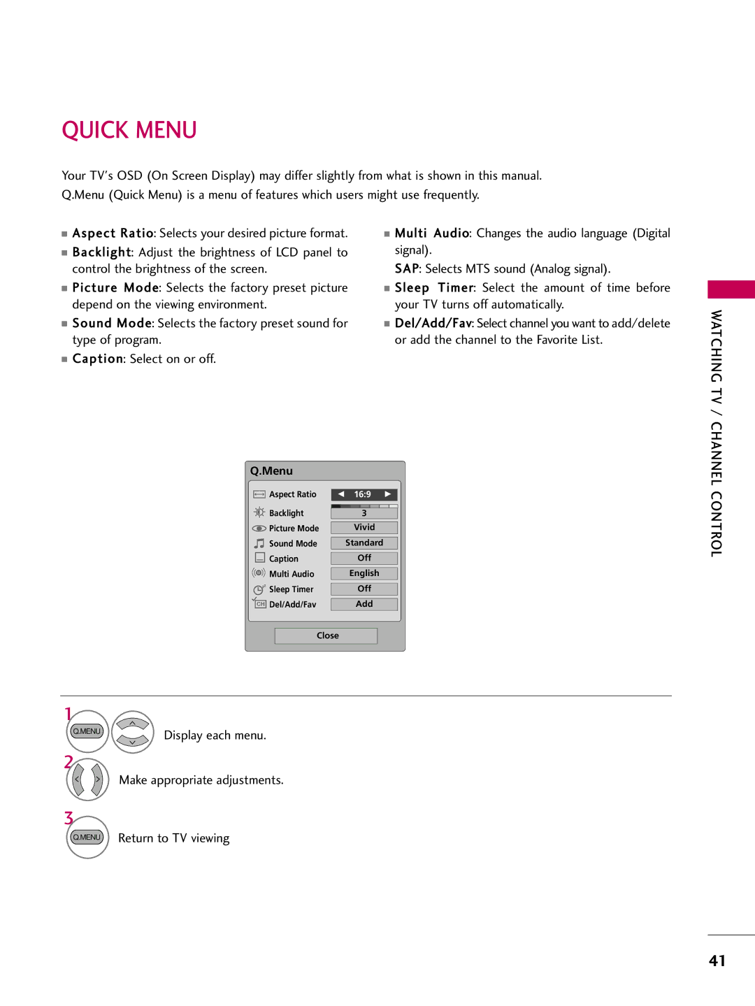 LG Electronics 1930 owner manual Quick Menu, Control 