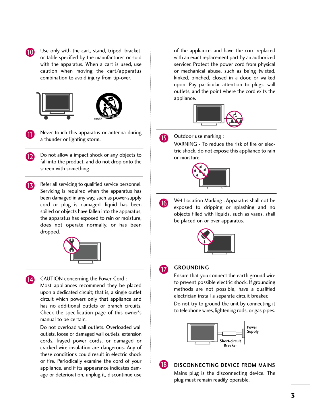 LG Electronics 1930 owner manual Exposed to dripping or splashing and no, Grounding, Disconnecting Device from Mains 