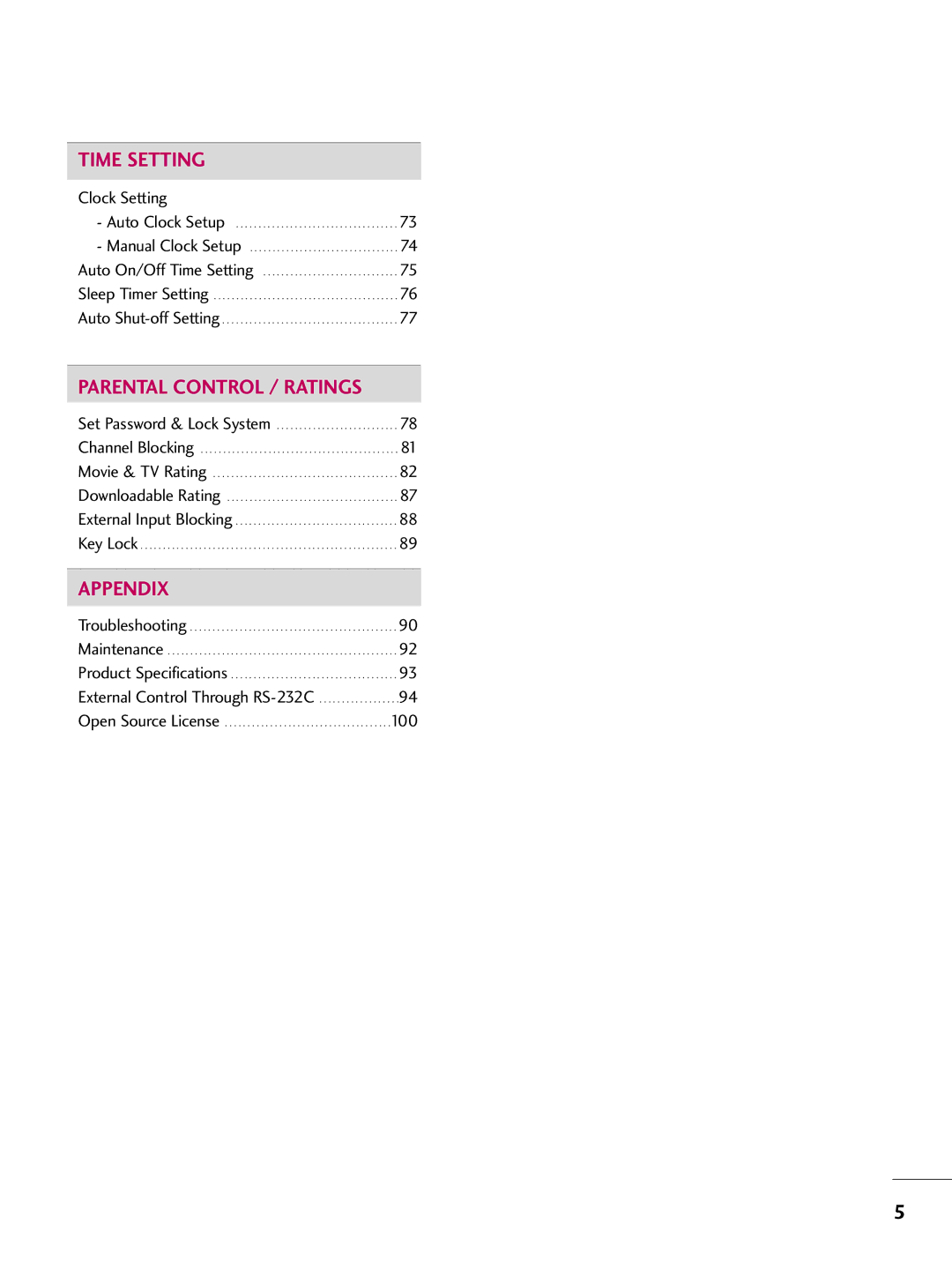 LG Electronics 1930 owner manual Clock Setting, External Control Through RS-232C 