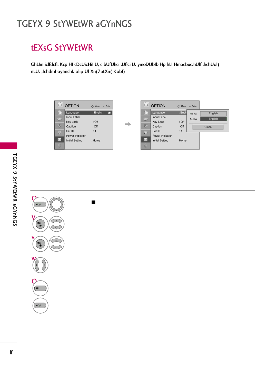 LG Electronics 1930 owner manual Audio Language, Select Option Select Language Select Audio, Language English English Menu 