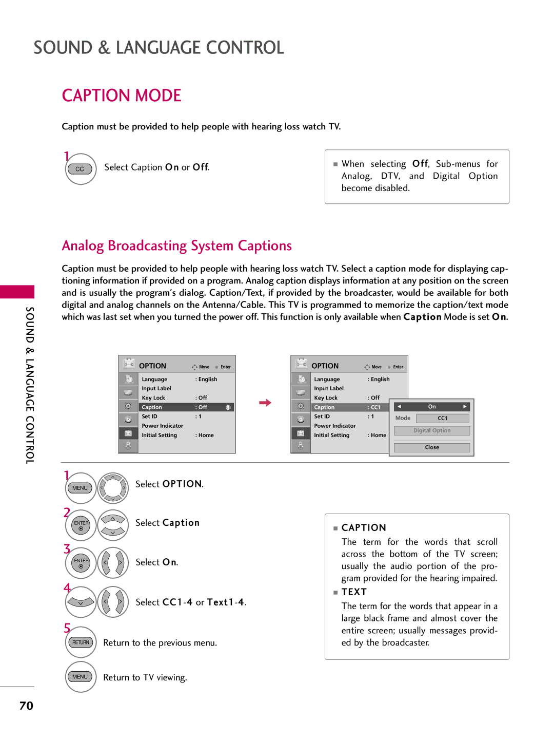 LG Electronics 1930 owner manual Caption Mode, Analog Broadcasting System Captions, Text, Caption Off CC1 