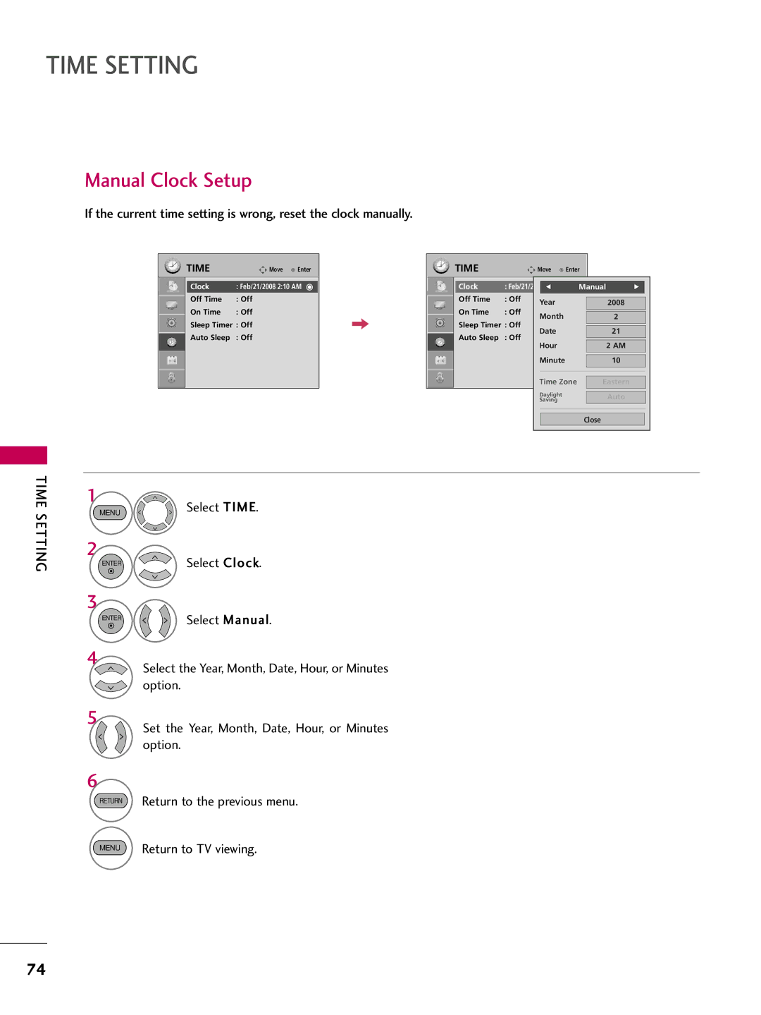 LG Electronics 1930 Manual Clock Setup, Return to the previous menu Return to TV viewing, Clock Feb/21/2008 F Manual 