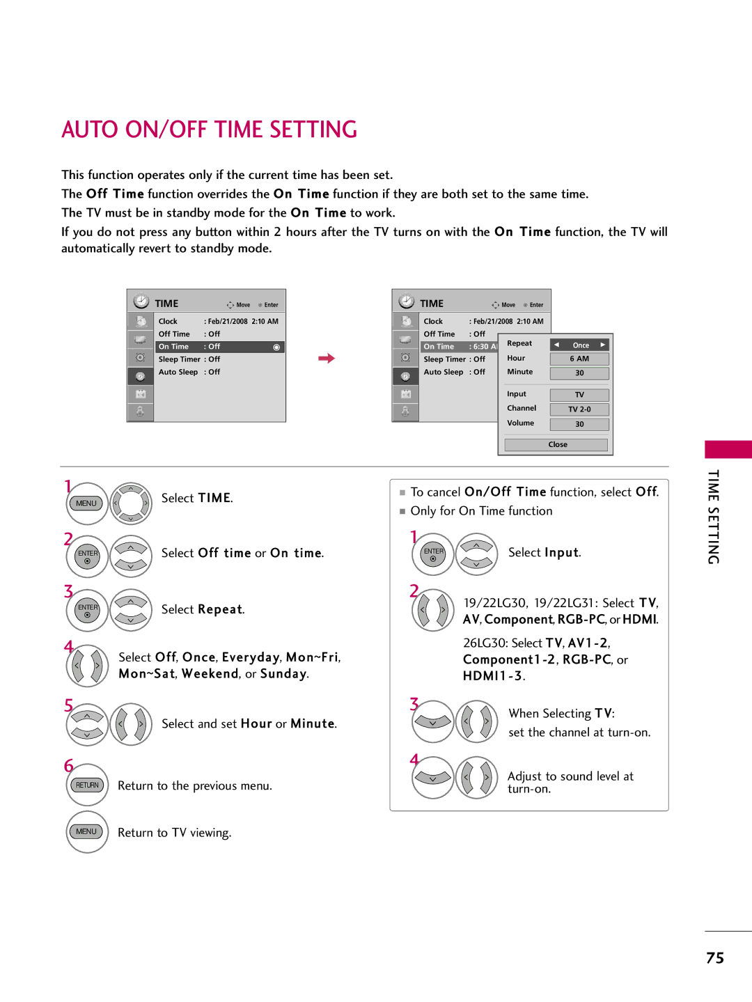 LG Electronics 1930 owner manual Auto ON/OFF Time Setting 