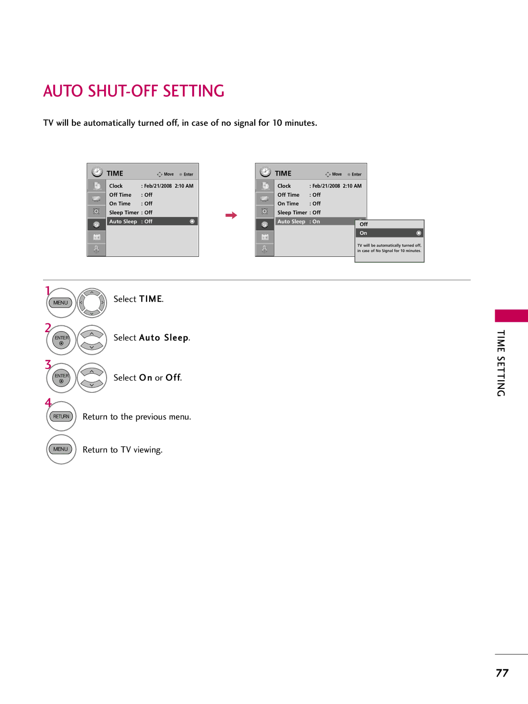 LG Electronics 1930 owner manual Auto SHUT-OFF Setting, Auto Sleep Off 