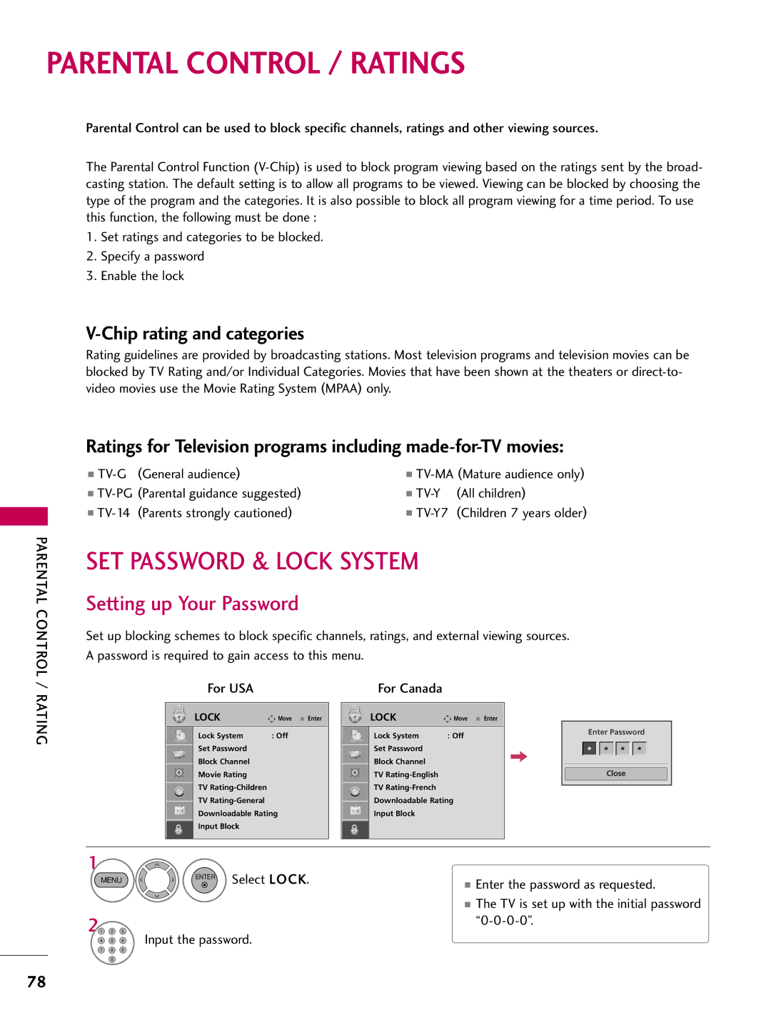 LG Electronics 1930 owner manual Parental Control / Ratings, SET Password & Lock System, Setting up Your Password 