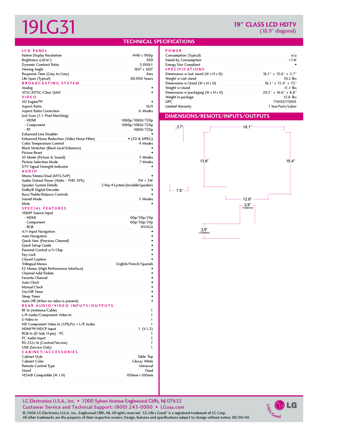 LG Electronics 1931 manual Technical Specifications, Dimensions/Remote/Inputs/Outputs 