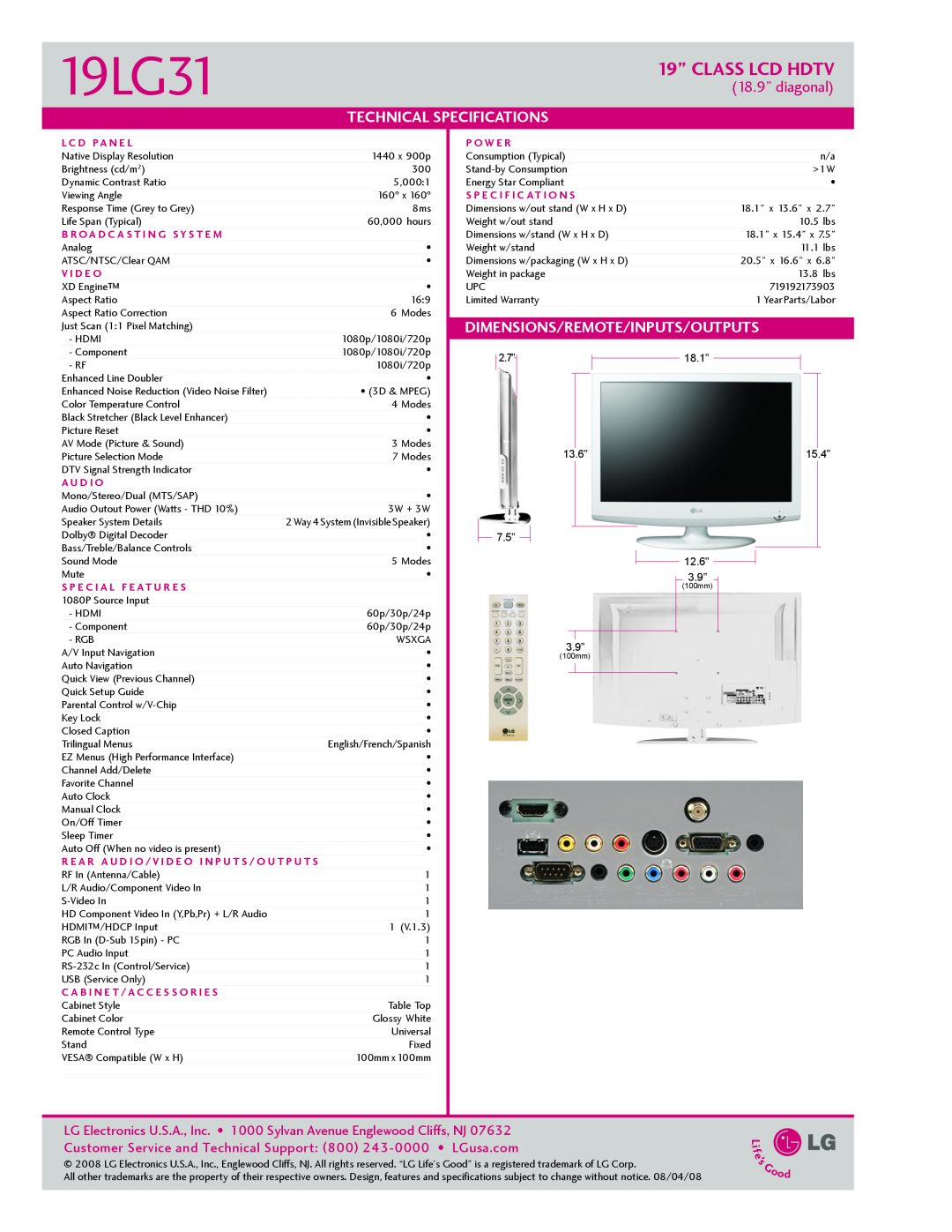 LG Electronics 1931 manual 18.9” diagonal, 19LG31, 19” CLASS LCD HDTV, Technical, Specifications, L C D Pa N E L, P O W E R 