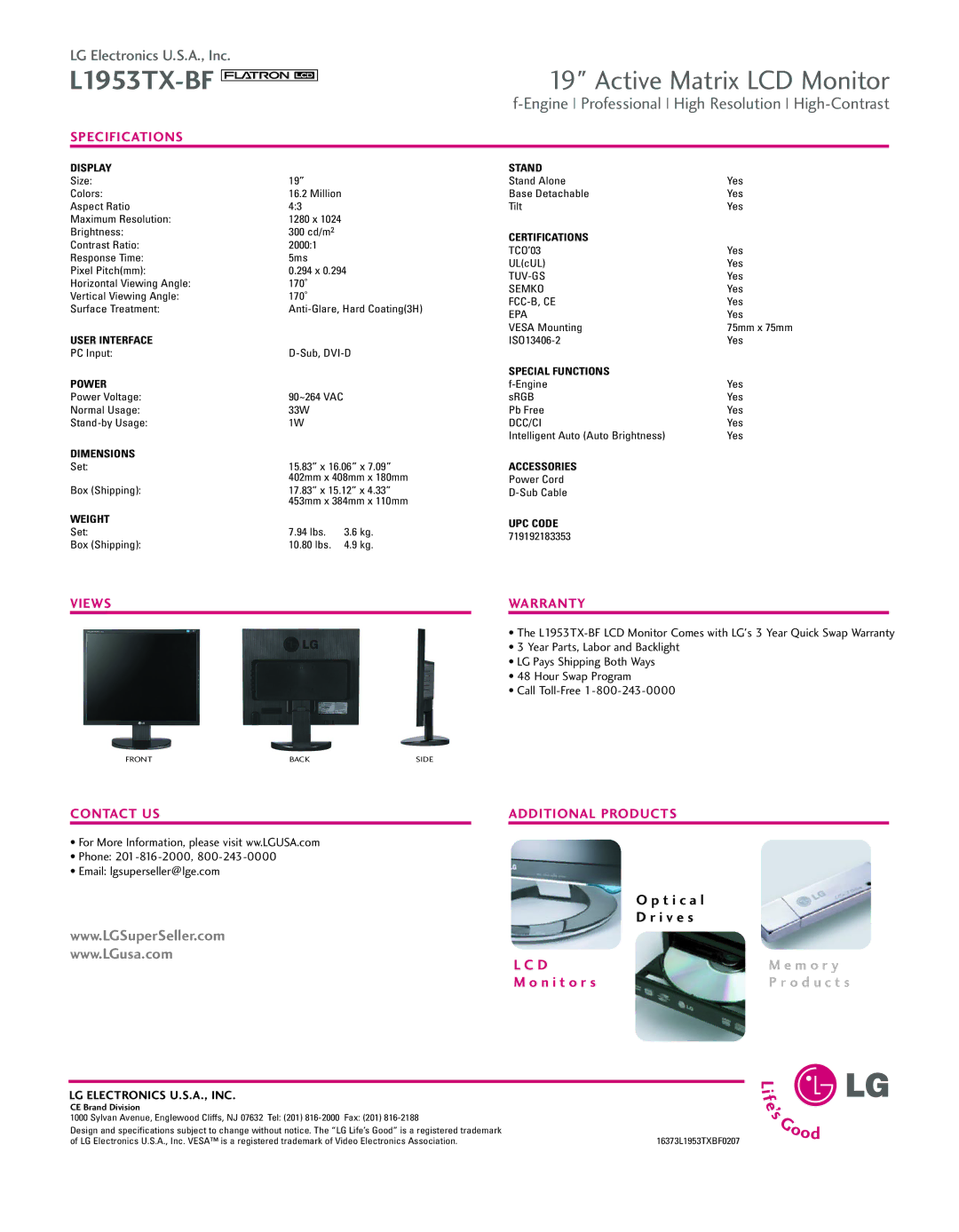 LG Electronics 1953TX-BF warranty Specifications, Views Warranty, Contact US Additional Products 