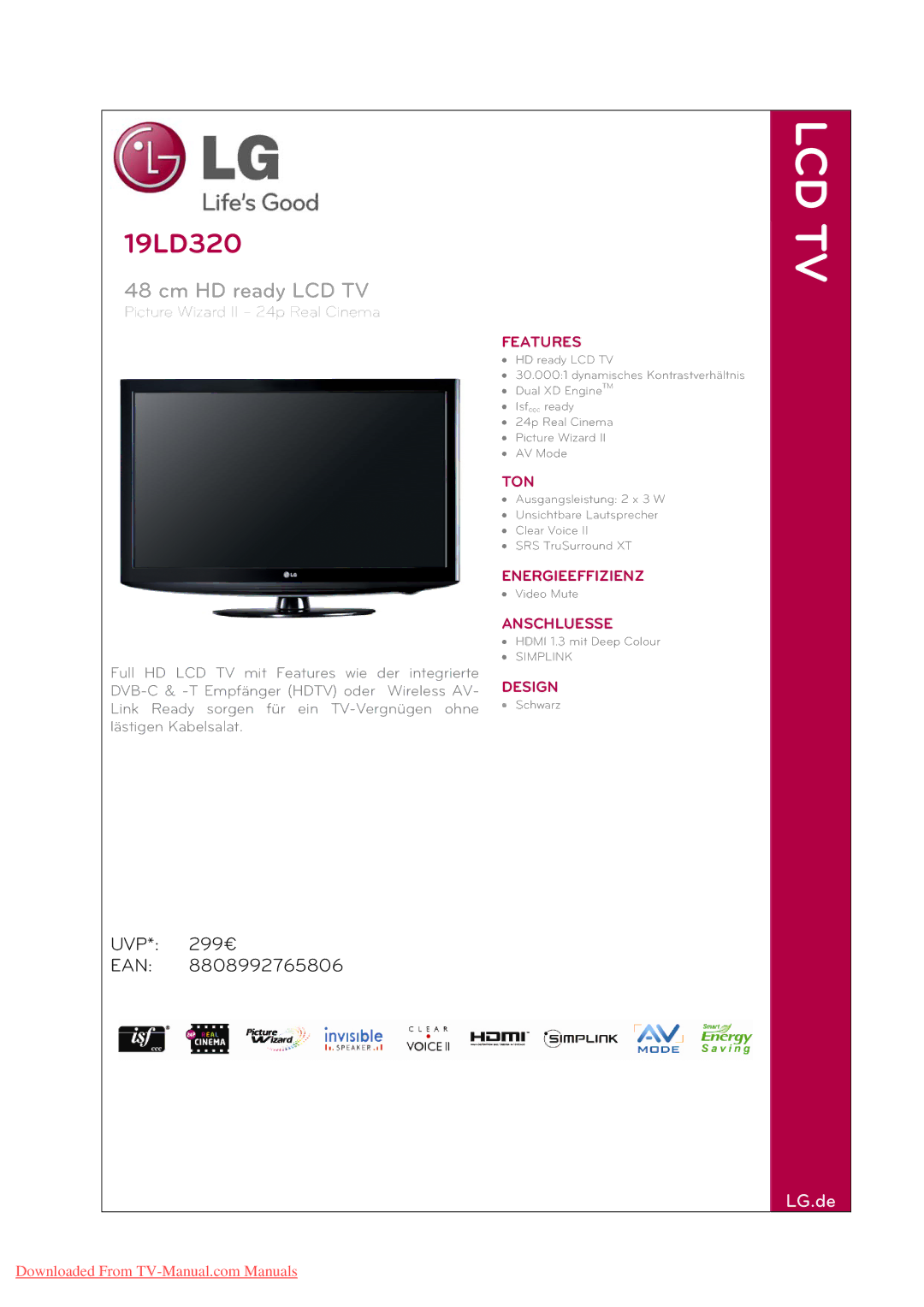 LG Electronics 19LD320 manual Cm HD ready LCD TV 