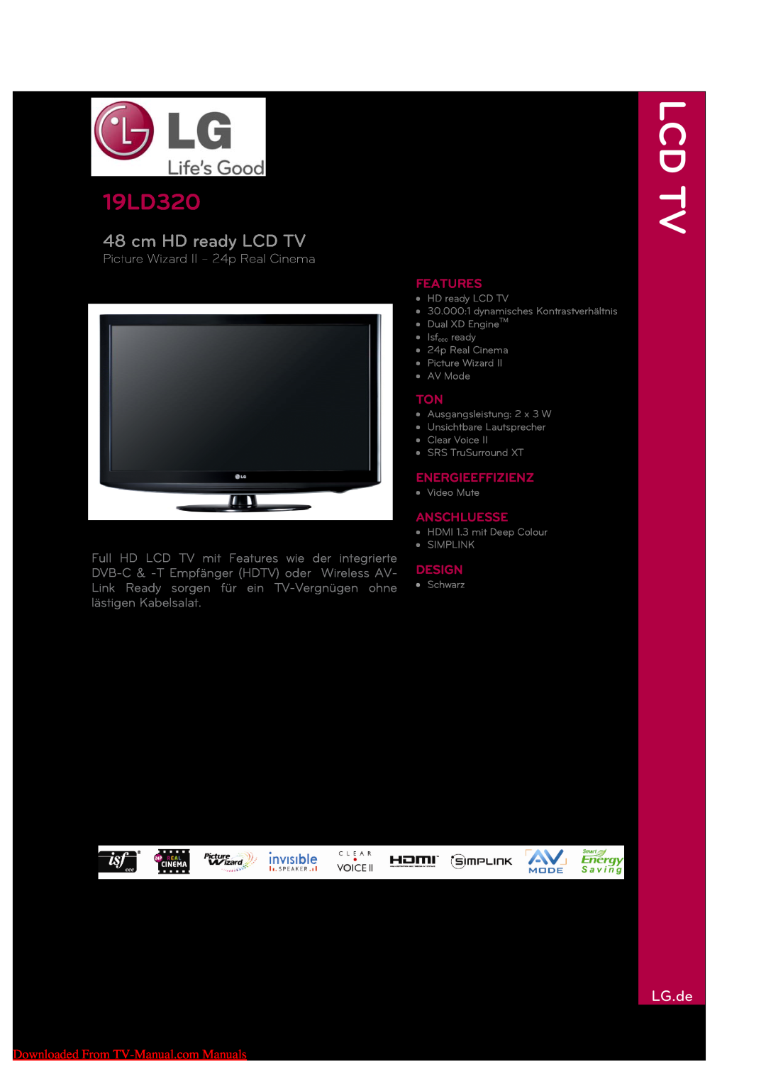 LG Electronics 19LD320 manual cm HD ready LCD TV, LG.de, Picture Wizard II - 24p Real Cinema, Lcd Tv, UVP* 299€ EAN 