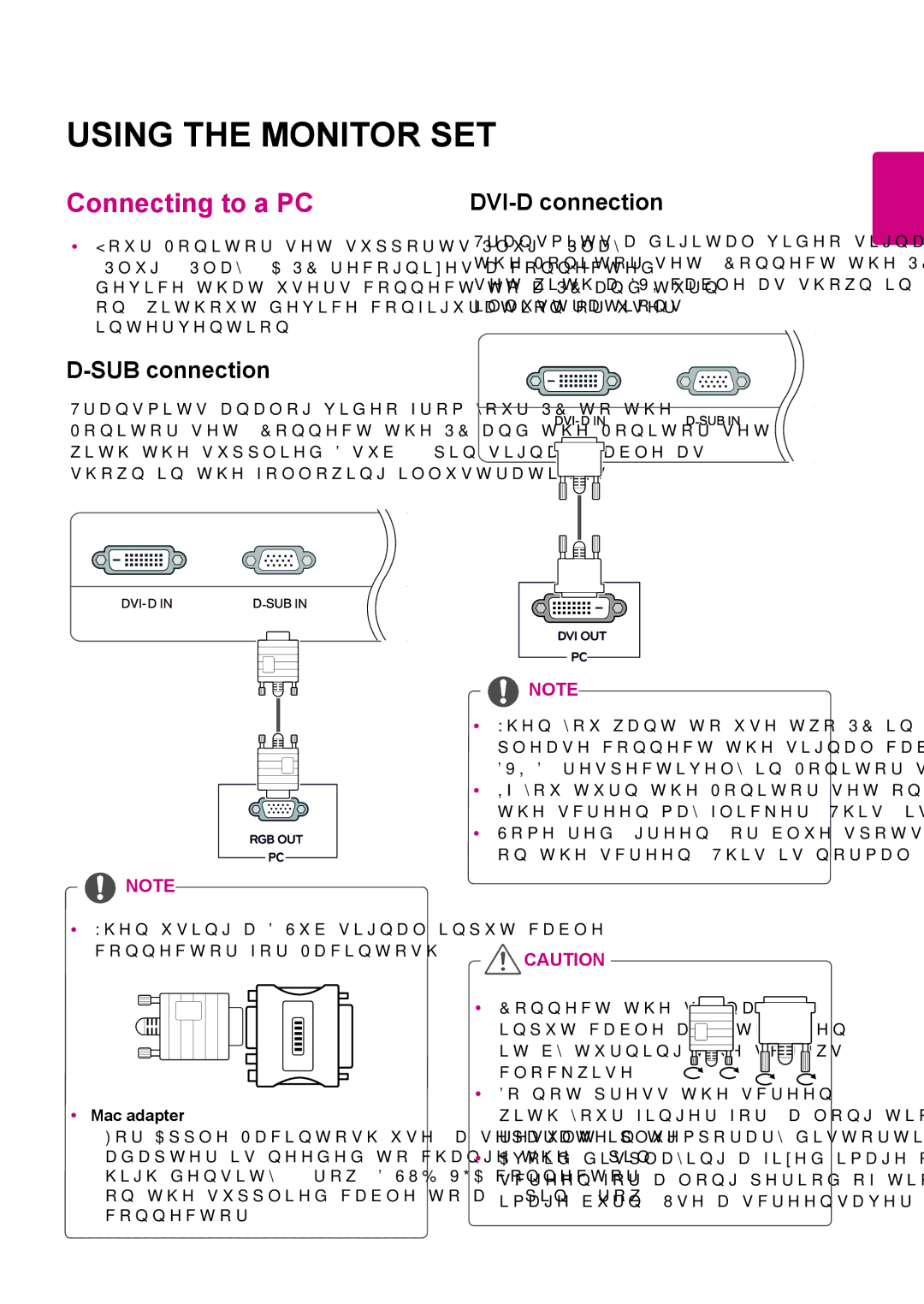 LG Electronics 19MB35DB Using the Monitor SET, Connecting to a PC, SUB connection, DVI-D connection, YMac adapter 