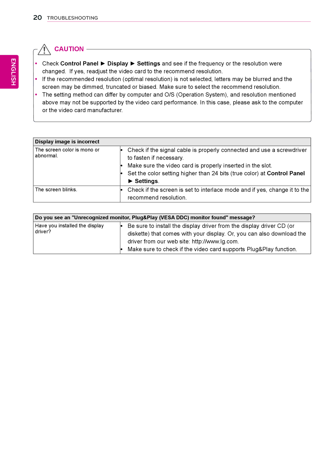 LG Electronics 19MB35DB owner manual Settings, Recommend resolution 