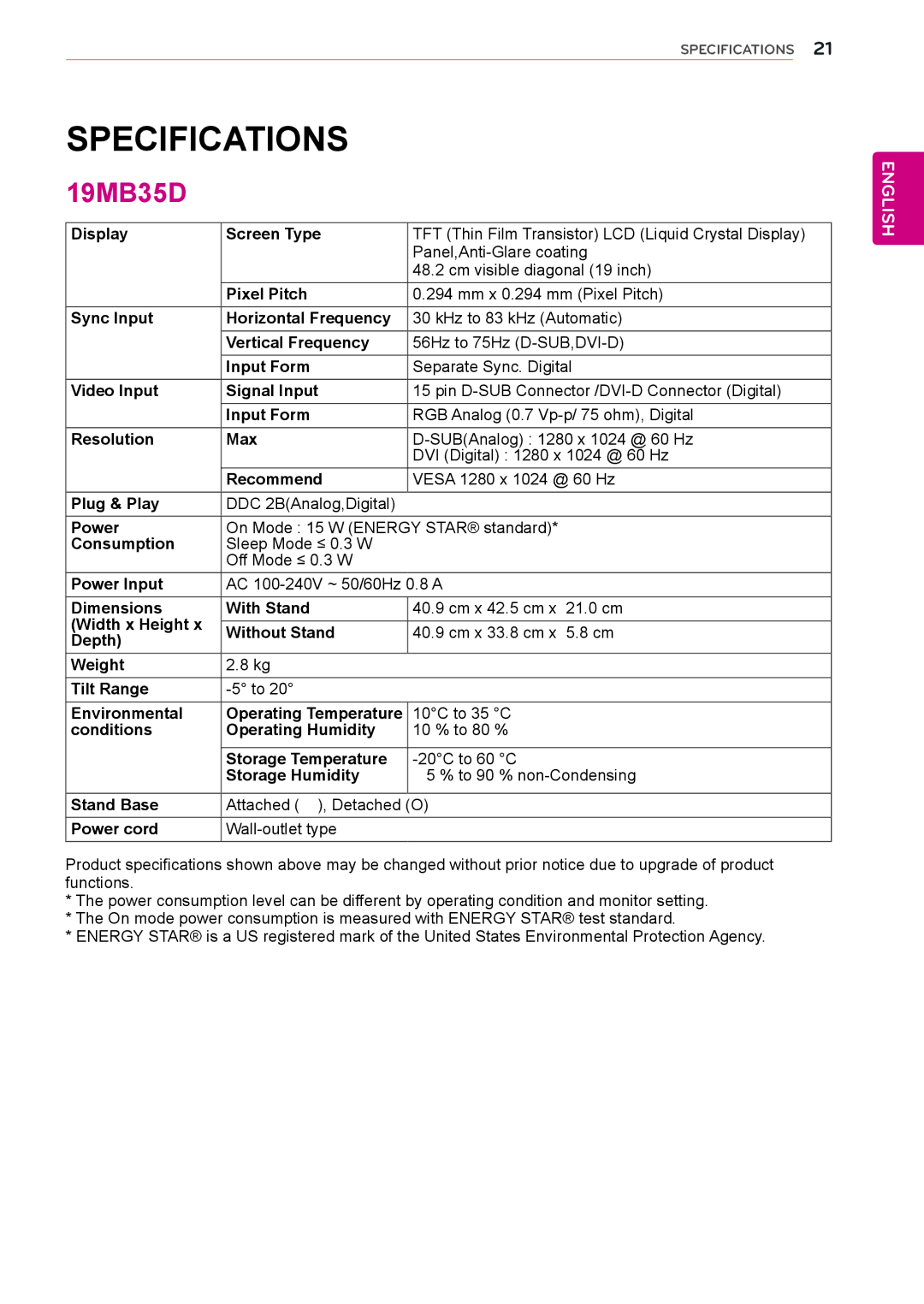 LG Electronics 19MB35DB owner manual Specifications 