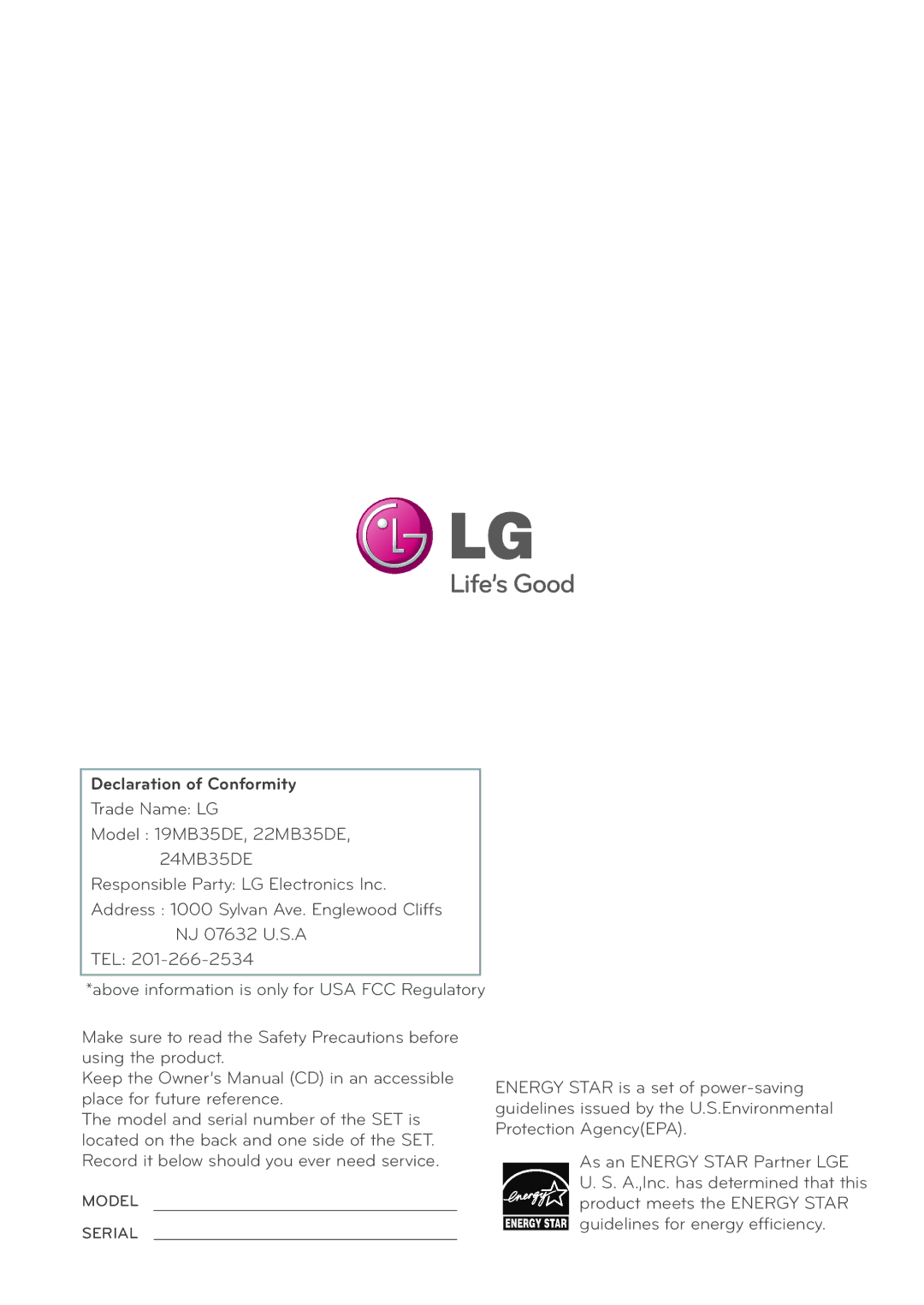 LG Electronics 19MB35DB owner manual Declaration of Conformity 