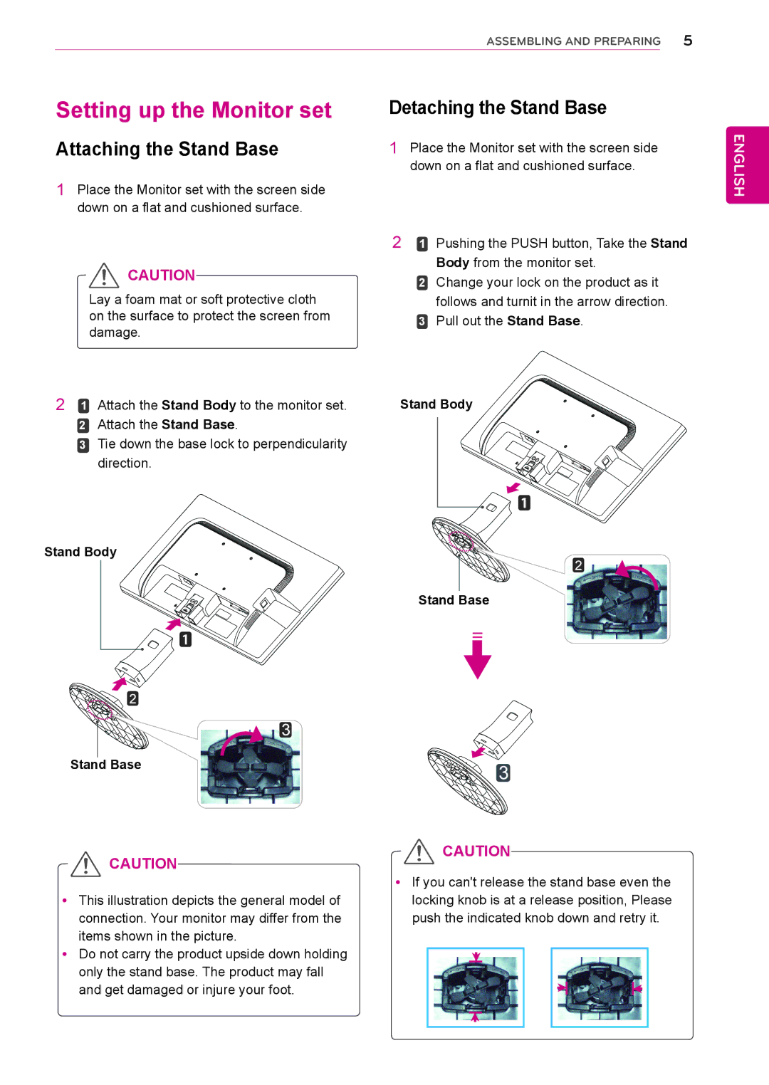 LG Electronics 19MB35DB owner manual Setting up the Monitor set, Attaching the Stand Base, Detaching the Stand Base 