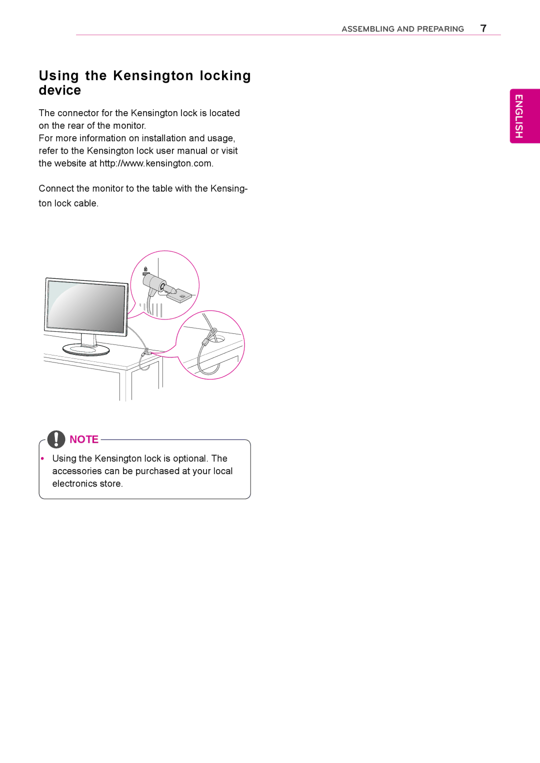 LG Electronics 19MB35DB owner manual Using the Kensington locking device 