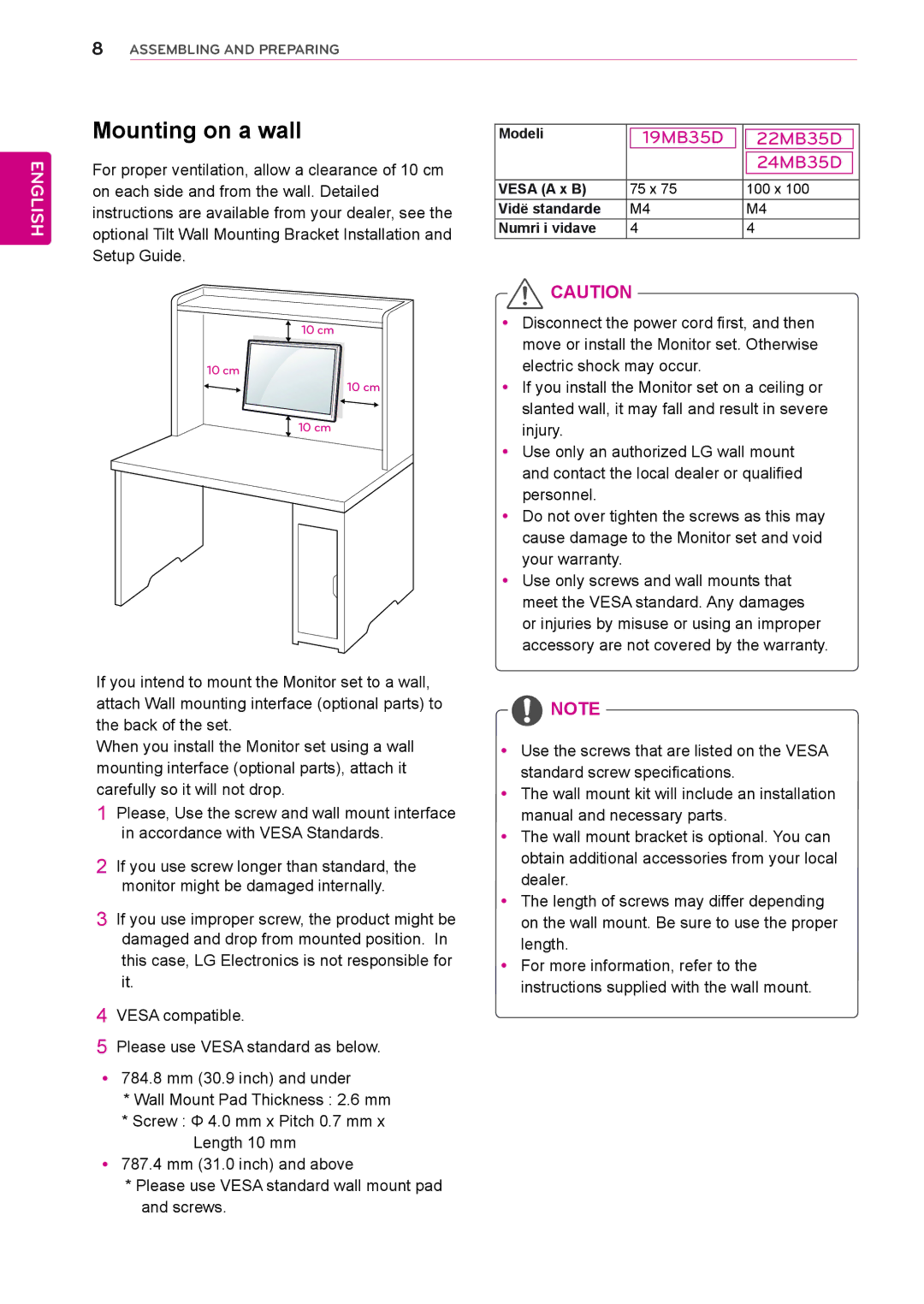 LG Electronics 19MB35DB owner manual Mounting on a wall, Modeli, Vesa a x B, Vidë standarde Numri i vidave 