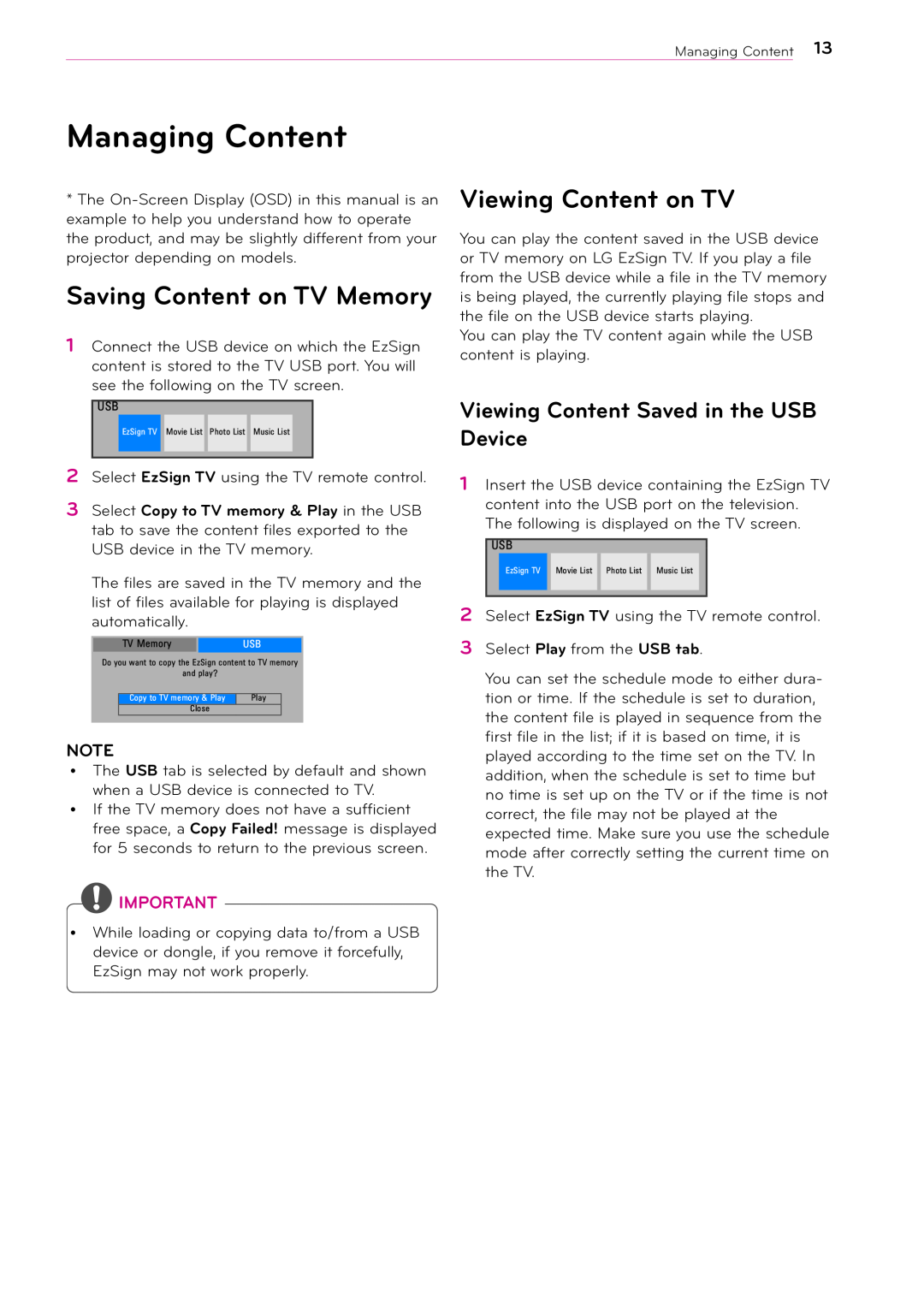 LG Electronics 2 manual Managing Content, Saving Content on TV Memory, Viewing Content on TV 