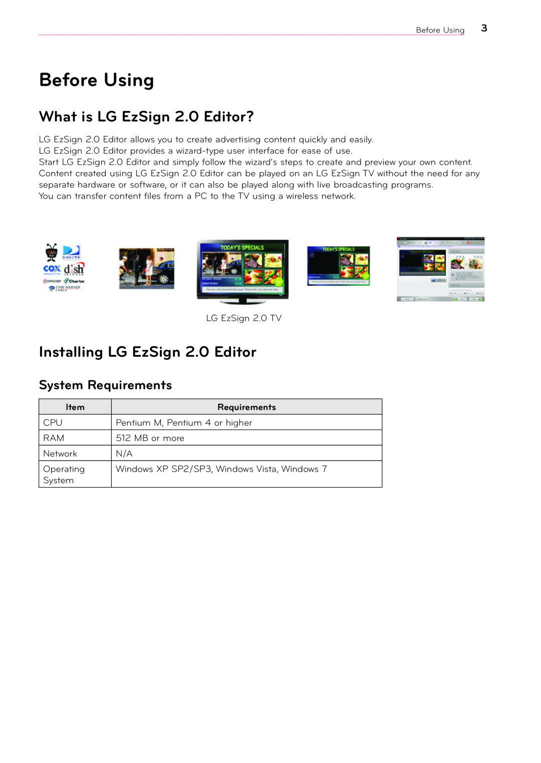 LG Electronics manual Before Using, What is LG EzSign 2.0 Editor?, Installing LG EzSign 2.0 Editor, System Requirements 