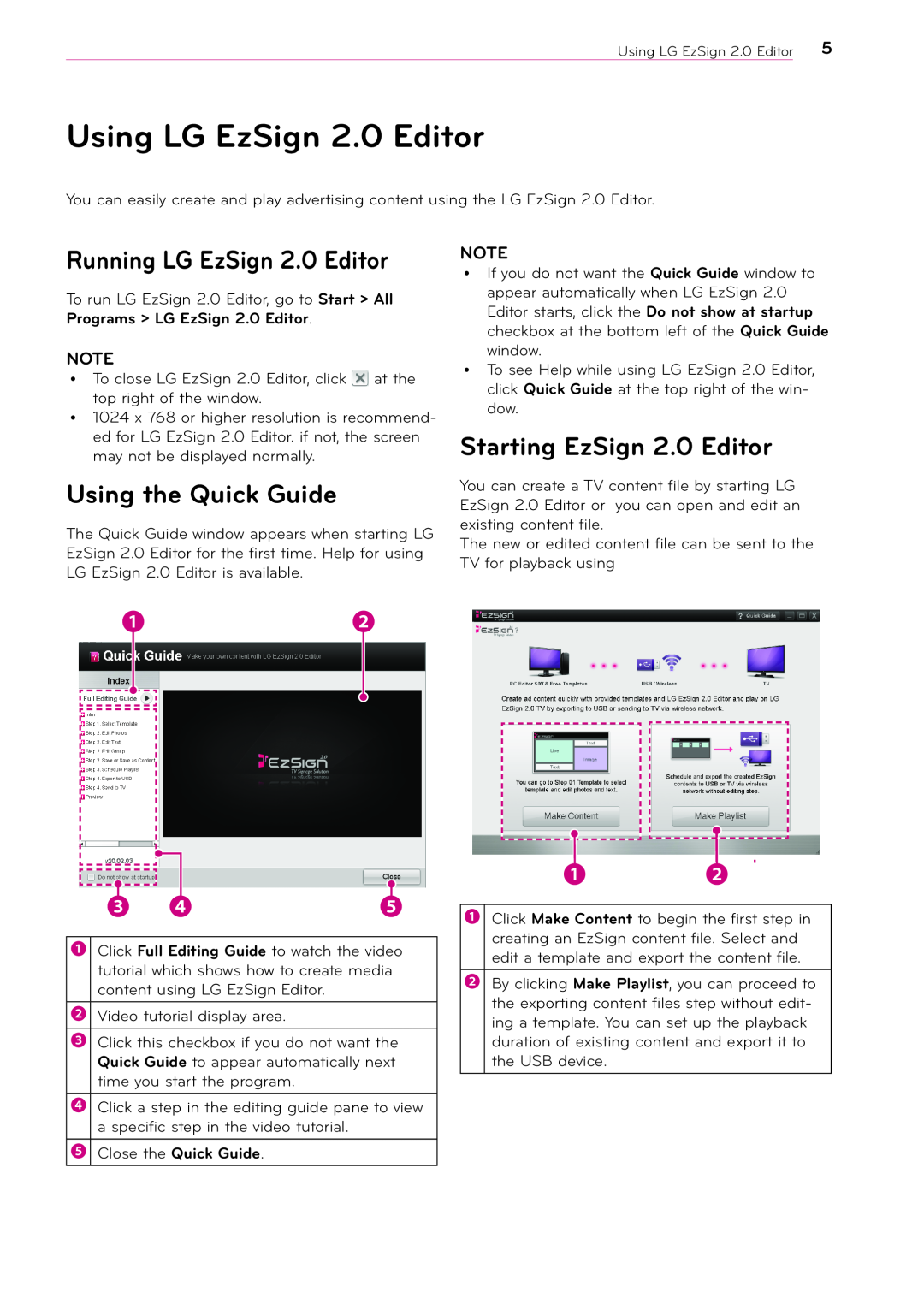 LG Electronics manual Using LG EzSign 2.0 Editor, Running LG EzSign 2.0 Editor, Using the Quick Guide 